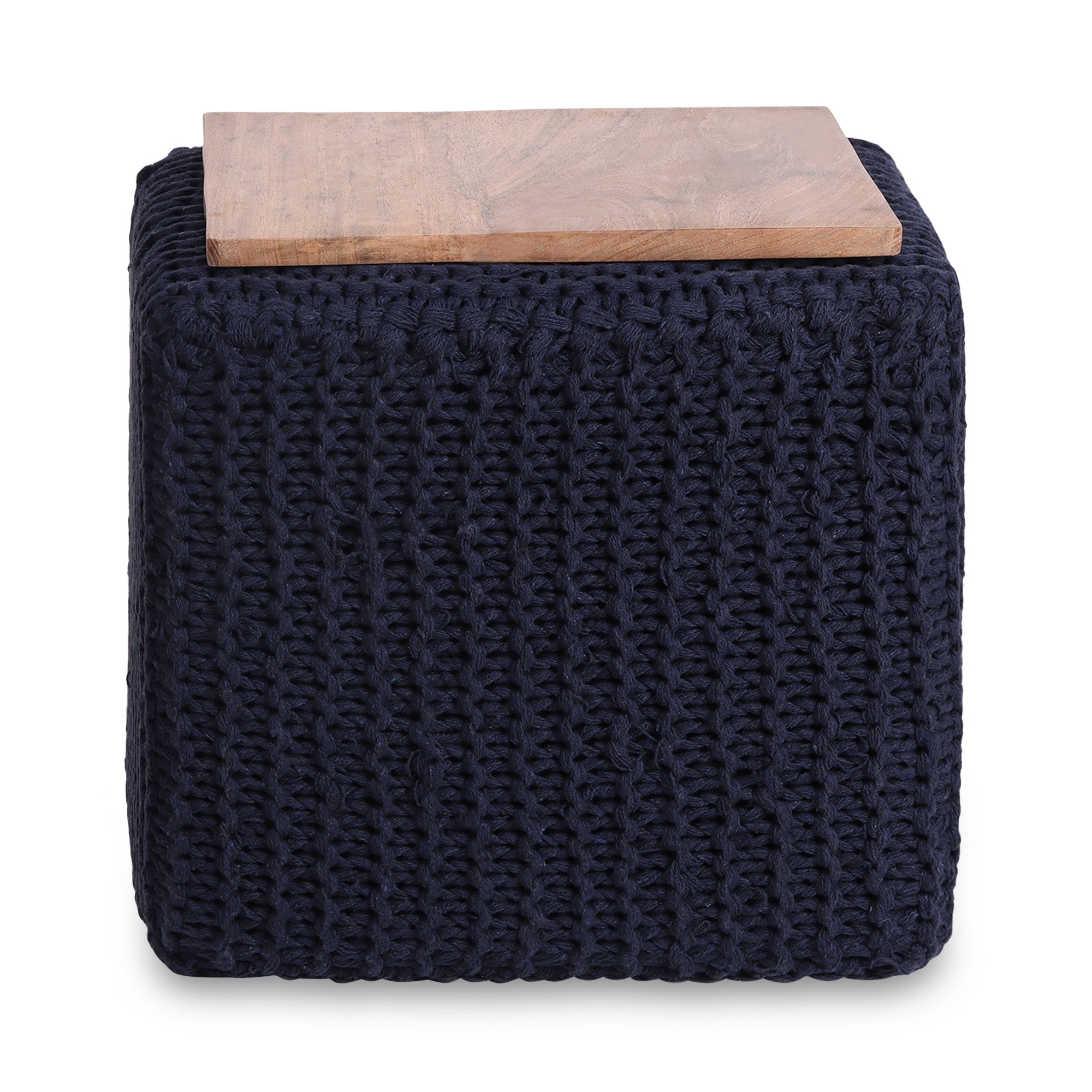 16" Navy Cotton Blend Pouf Cube Ottoman