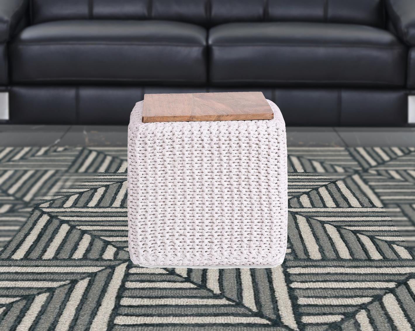 16" White Cotton Blend Pouf Cube Ottoman