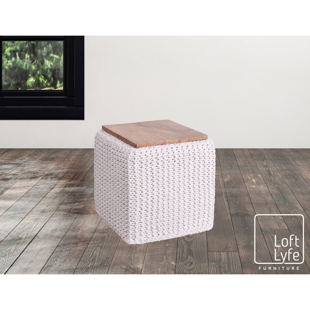 16" White Cotton Blend Pouf Cube Ottoman
