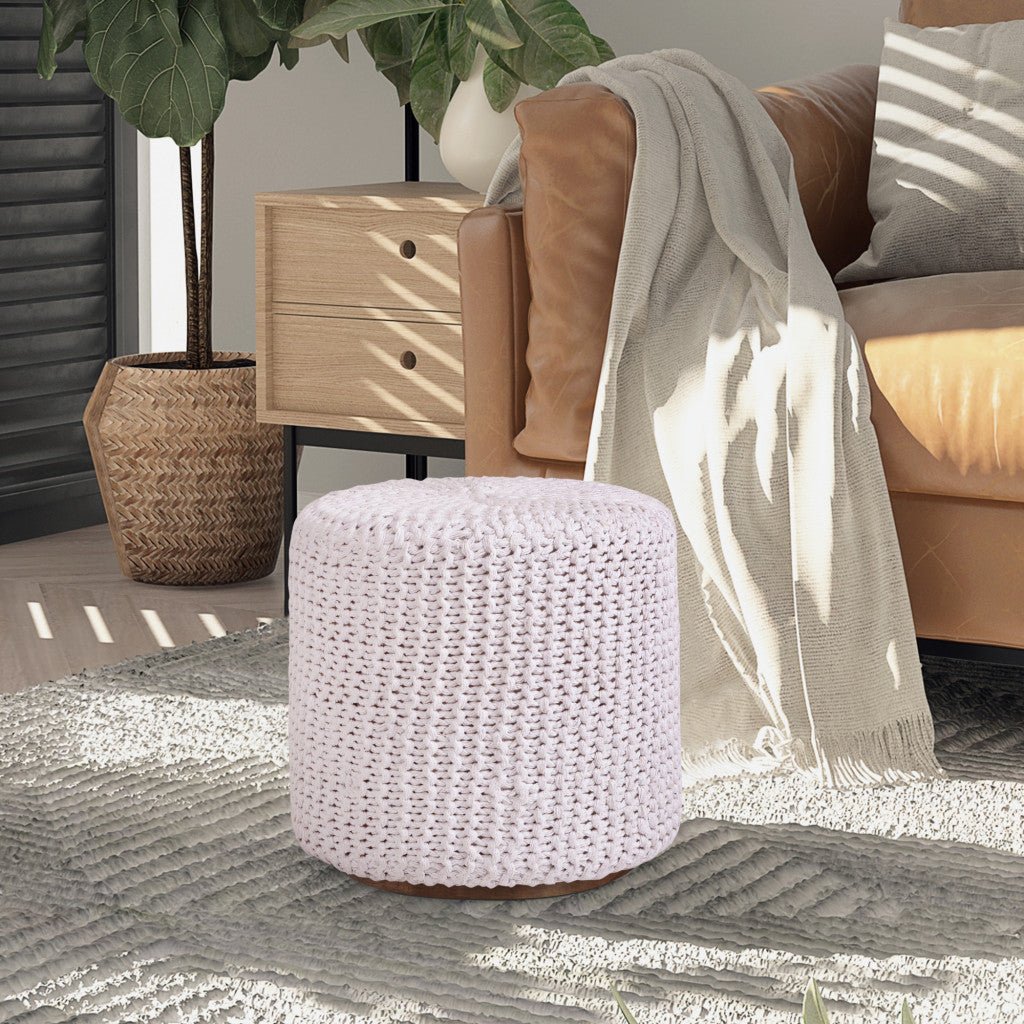 16" White Cotton Blend With Brown Round Pouf Ottoman