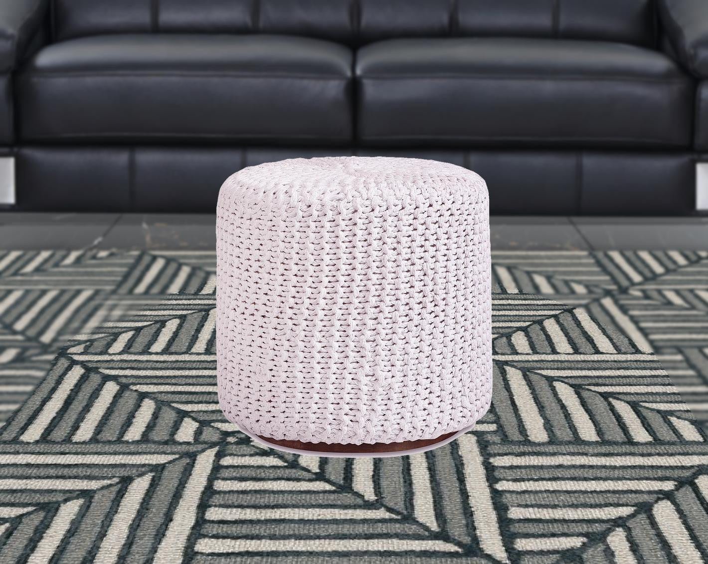 16" White Cotton Blend With Brown Round Pouf Ottoman