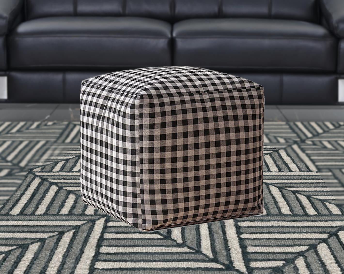17" Black And Grey Cotton Gingham Pouf Ottoman