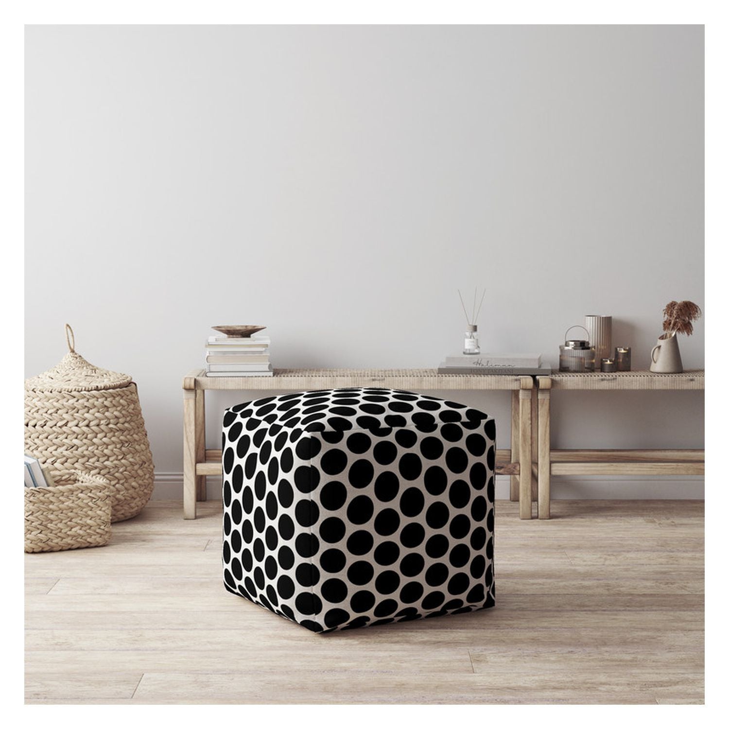 17" Black Cotton Polka Dots Pouf Ottoman