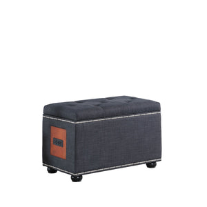 17" Dark Slate Gray 100% Linen And Black Tufted Storage Ottoman