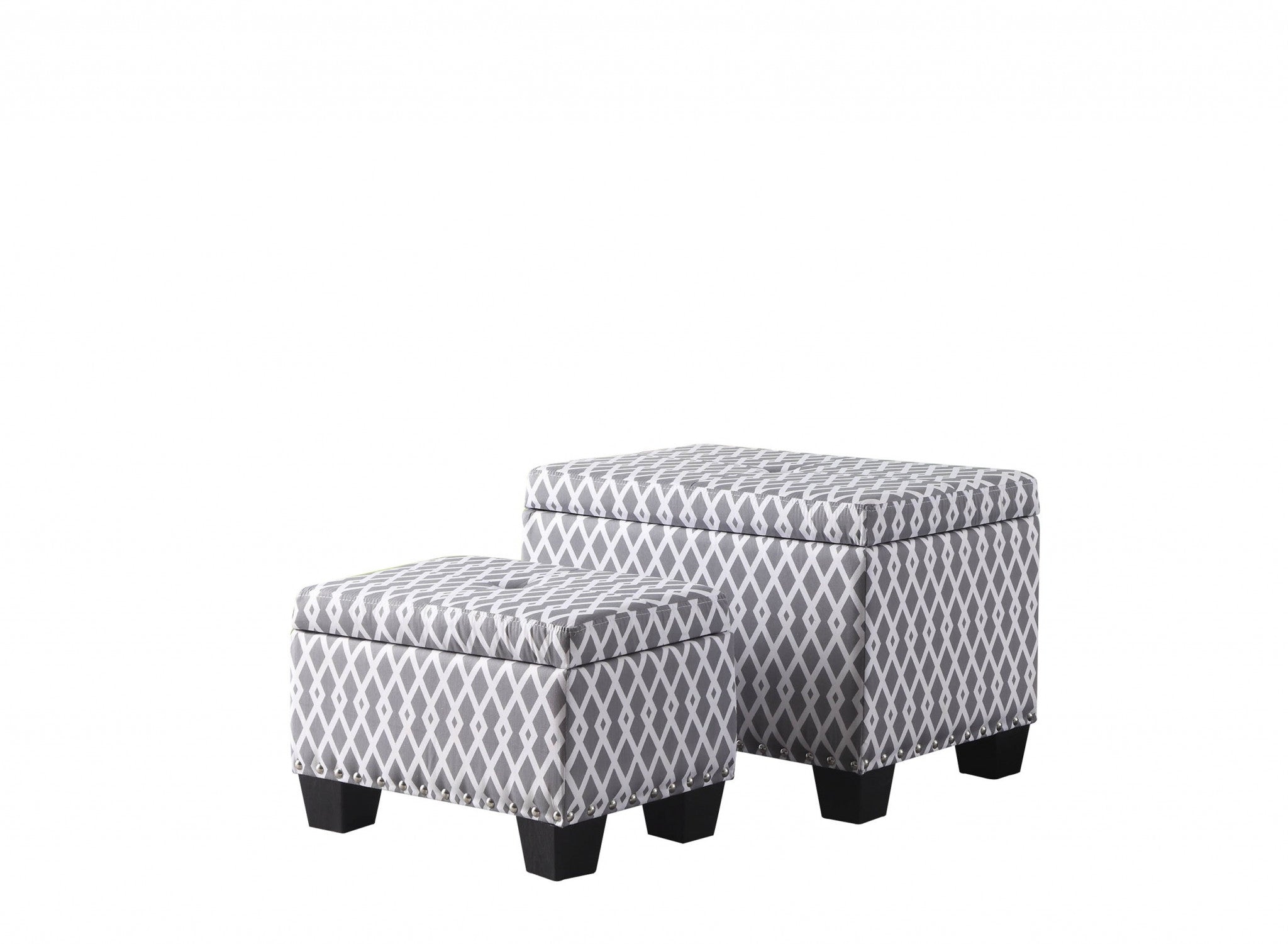 17" Gray And White Polyester Blend And Black Tufted Storage Ottoman