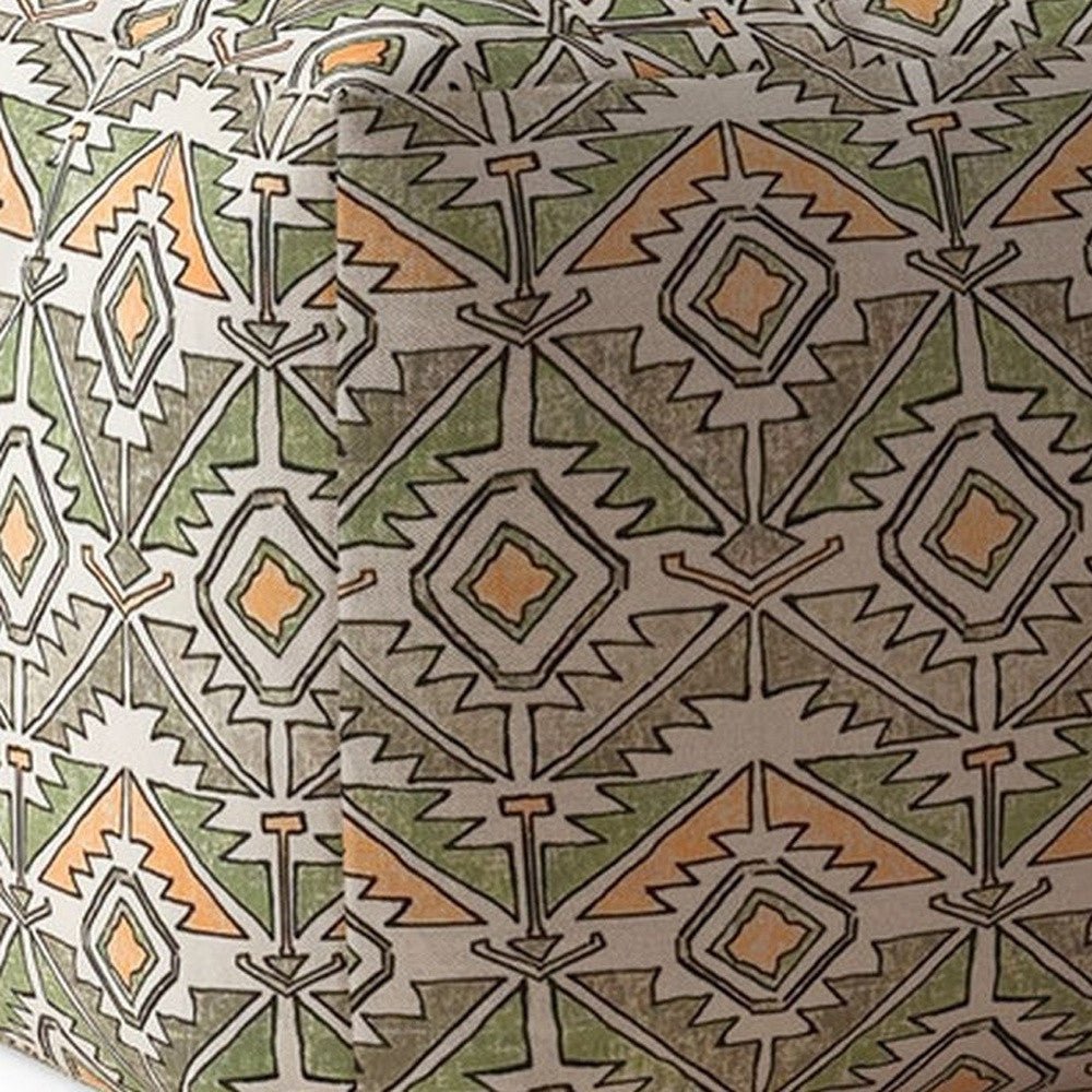 17" Green And Orange Cotton Damask Pouf Ottoman