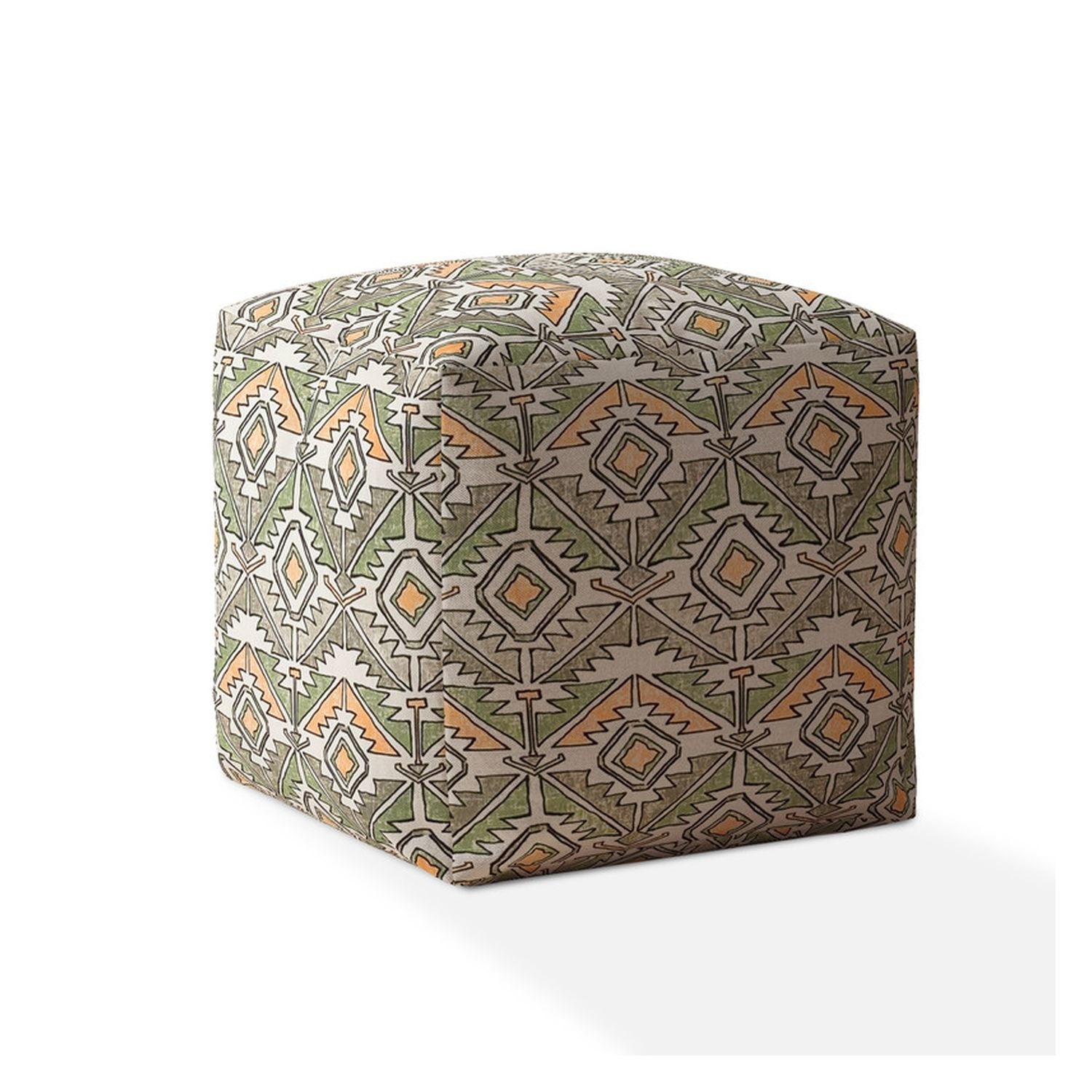 17" Green And Orange Cotton Damask Pouf Ottoman