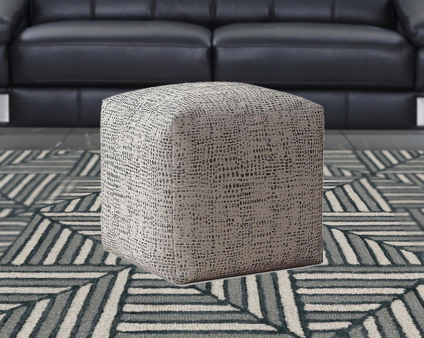 17" Grey And Black Canvas Abstract Pouf Ottoman