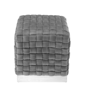 17" Grey Woven Velvet And Silver Ottoman