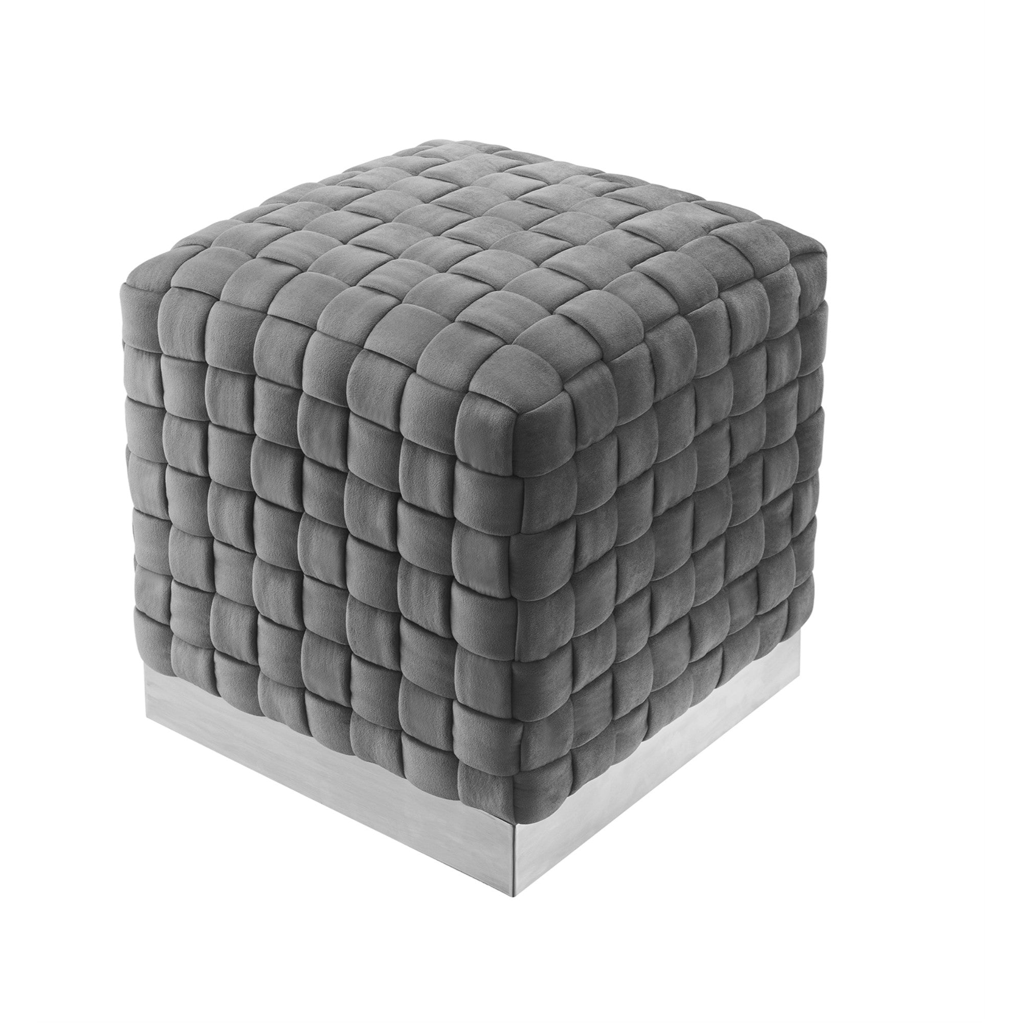 17" Grey Woven Velvet And Silver Ottoman