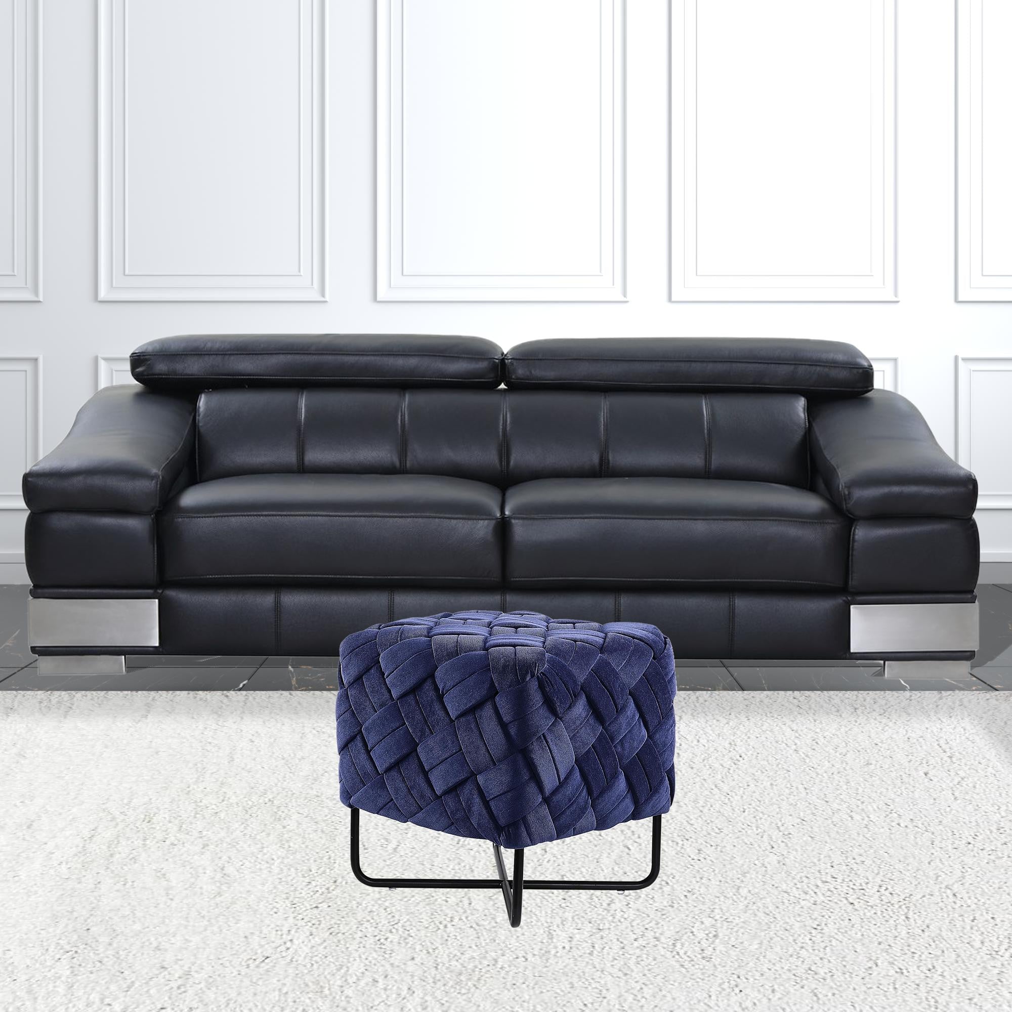 17" Navy Velvet And Black Cube Ottoman