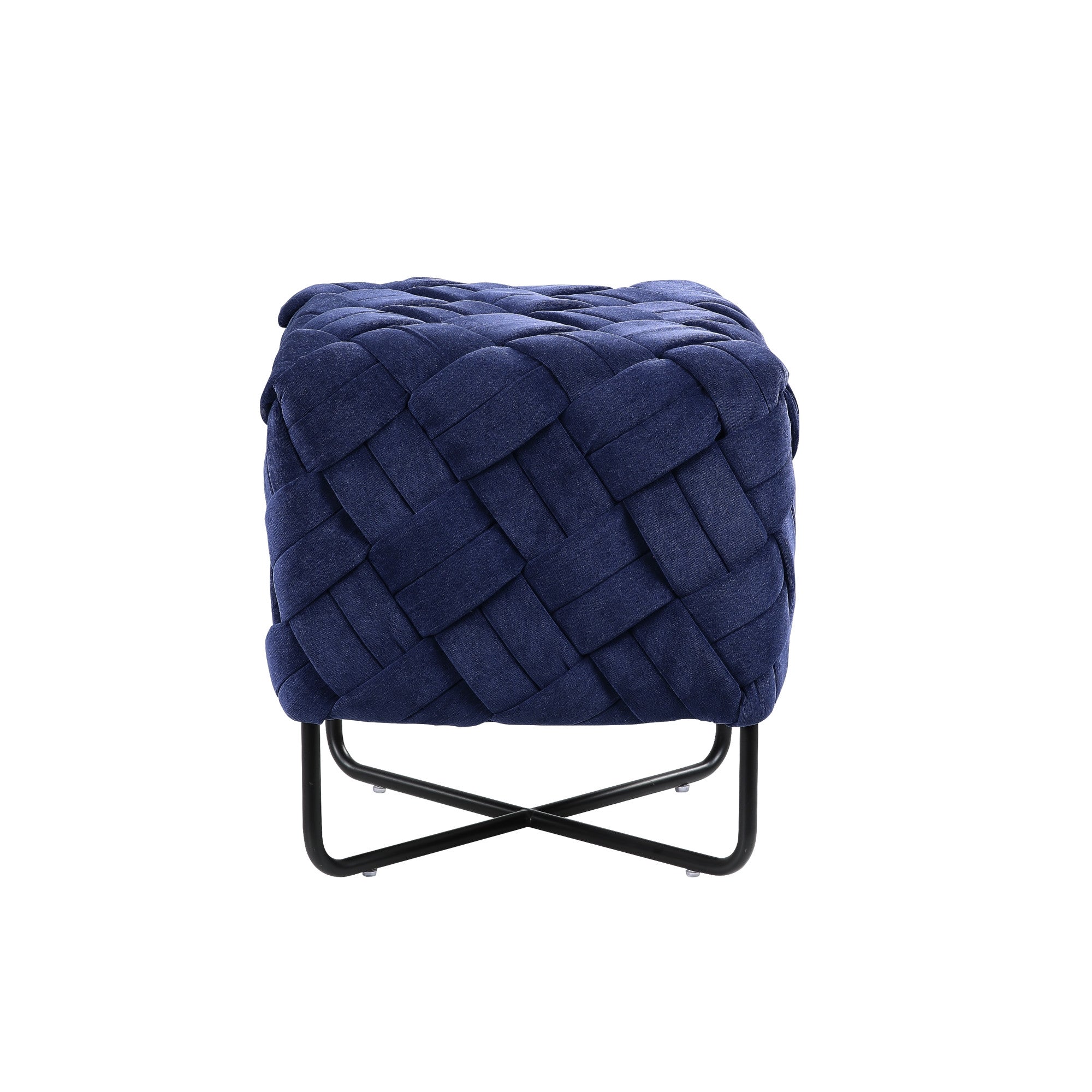 17" Navy Velvet And Black Cube Ottoman