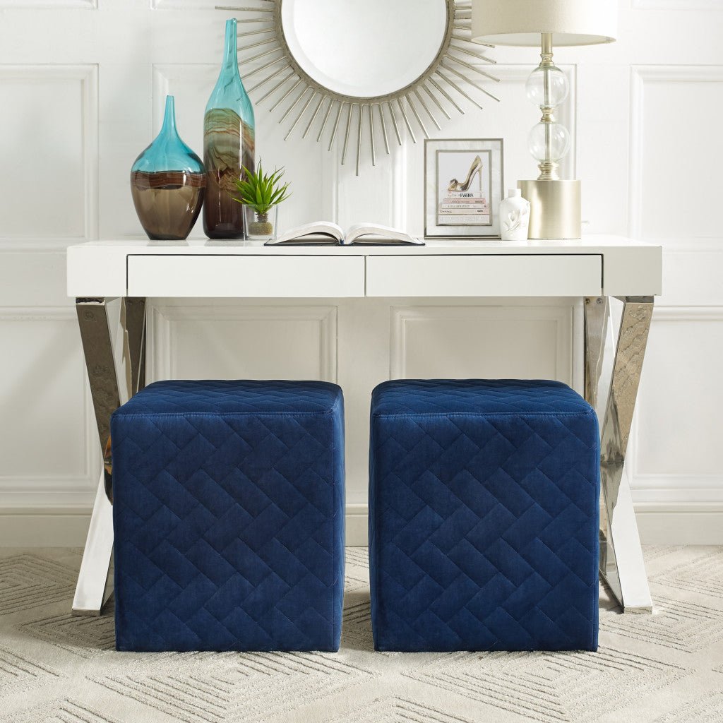 17" Navy Velvet Quilted Cube Ottoman