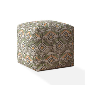 17" Orange And Green Cotton Damask Pouf Ottoman