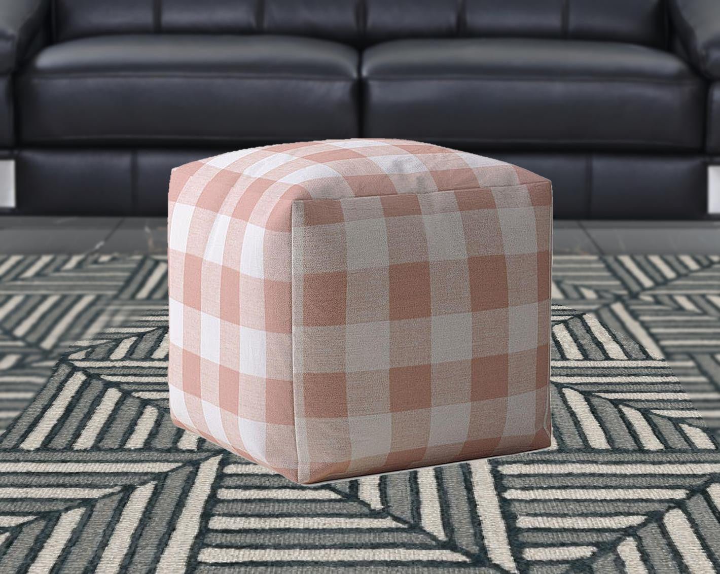 17" Pink And White Cotton Gingham Pouf Ottoman