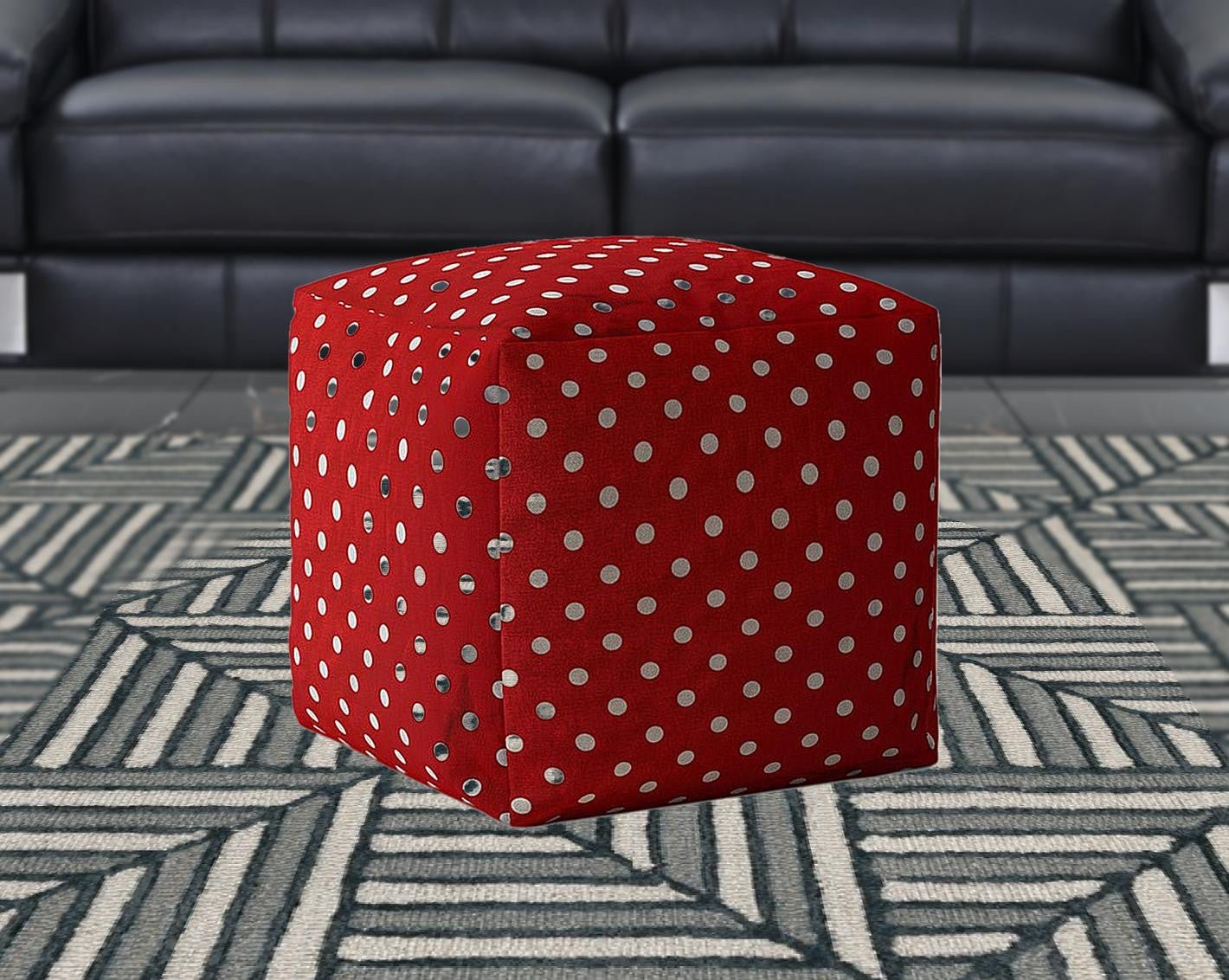 17" Red And White Cotton Polka Dots Pouf Ottoman