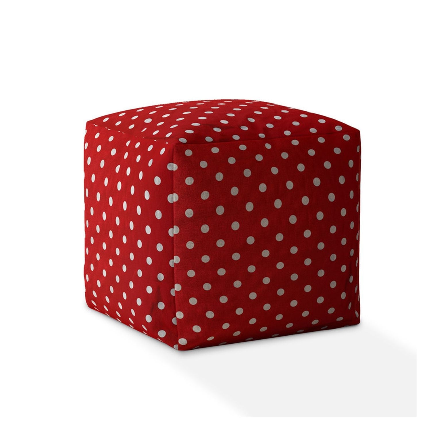 17" Red And White Cotton Polka Dots Pouf Ottoman