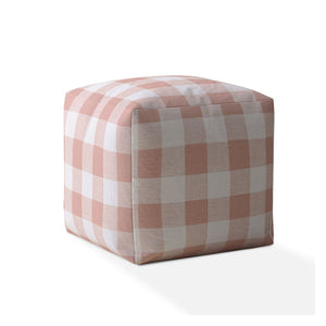 17" White And Pink Gingham Pouf Ottoman
