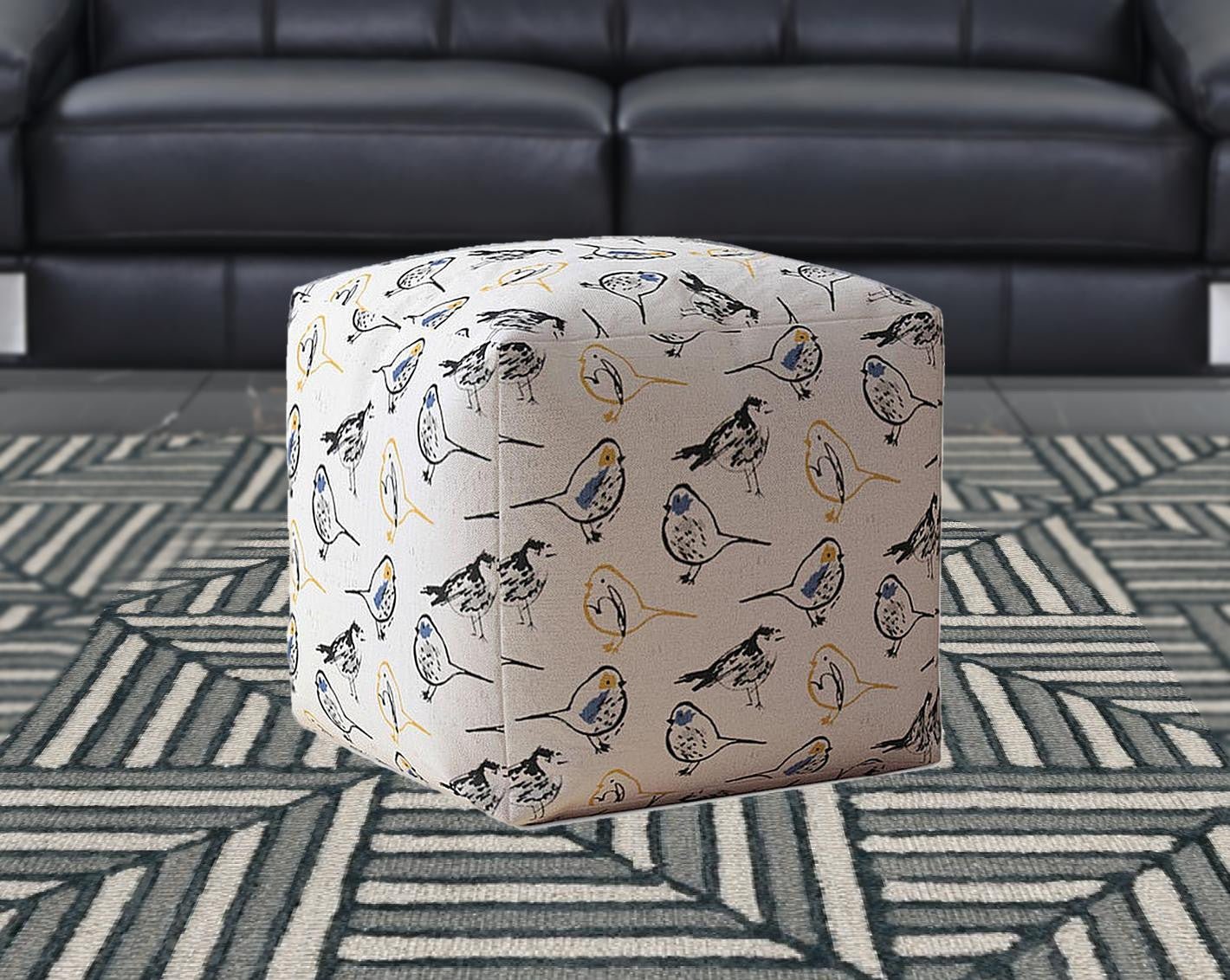 White And Yellow Canvas Animal Print Pouf Ottoman 17"