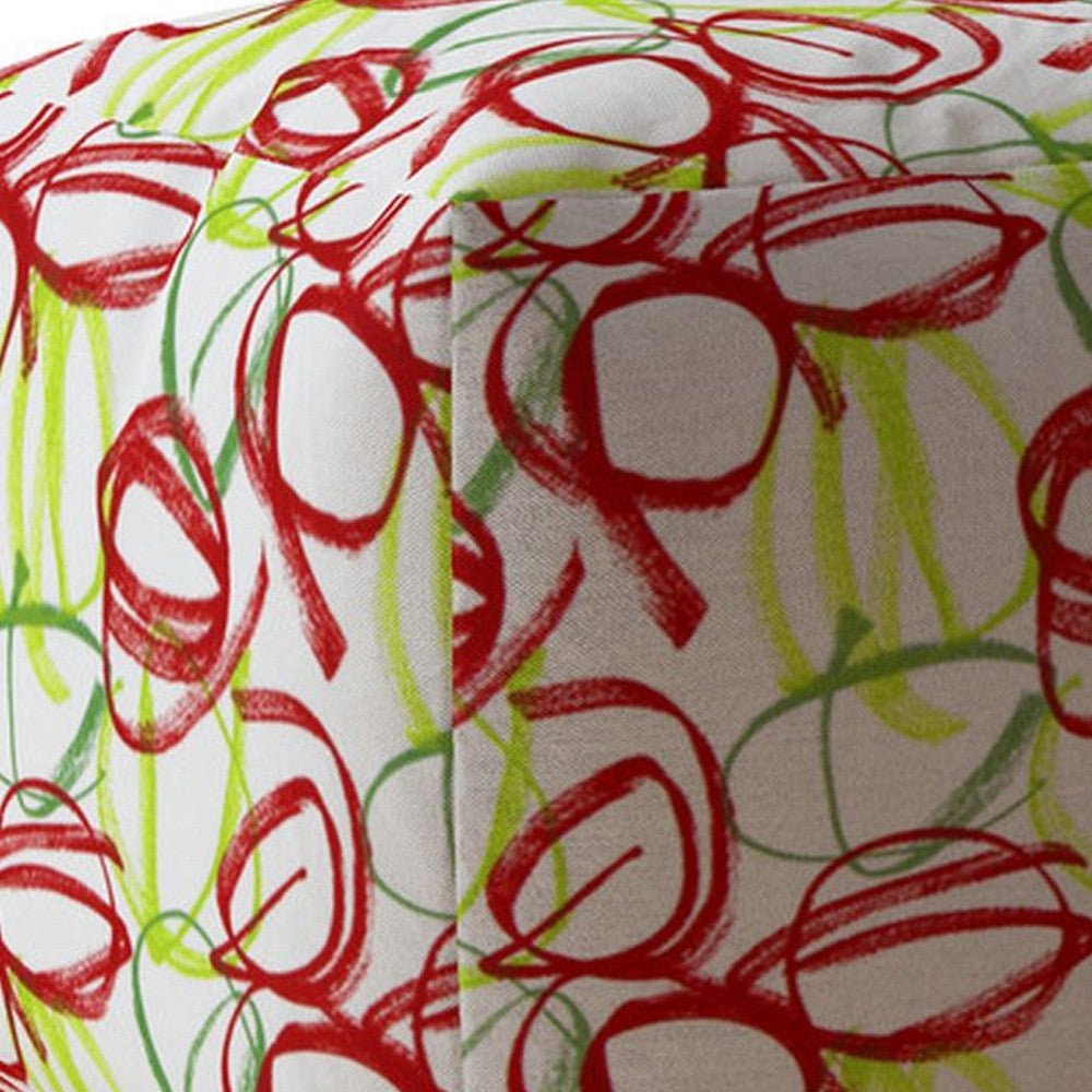 17" White Green And Red Cotton Abstract Pouf Ottoman