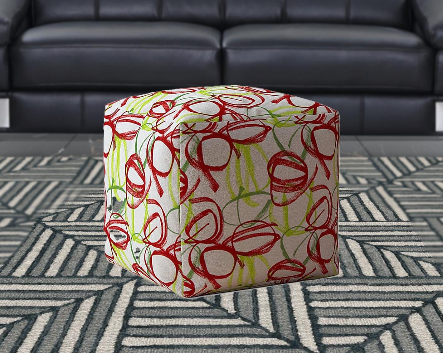 17" White Red And Green Cotton Abstract Pouf Ottoman