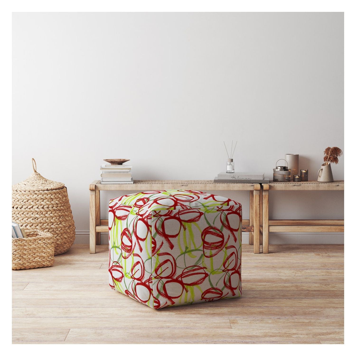17" White Red And Green Cotton Abstract Pouf Ottoman