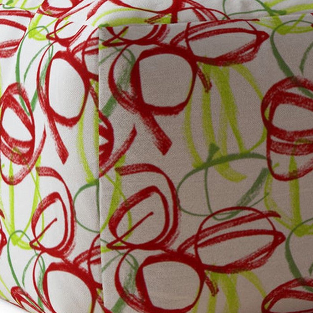 17" White Red And Green Cotton Abstract Pouf Ottoman