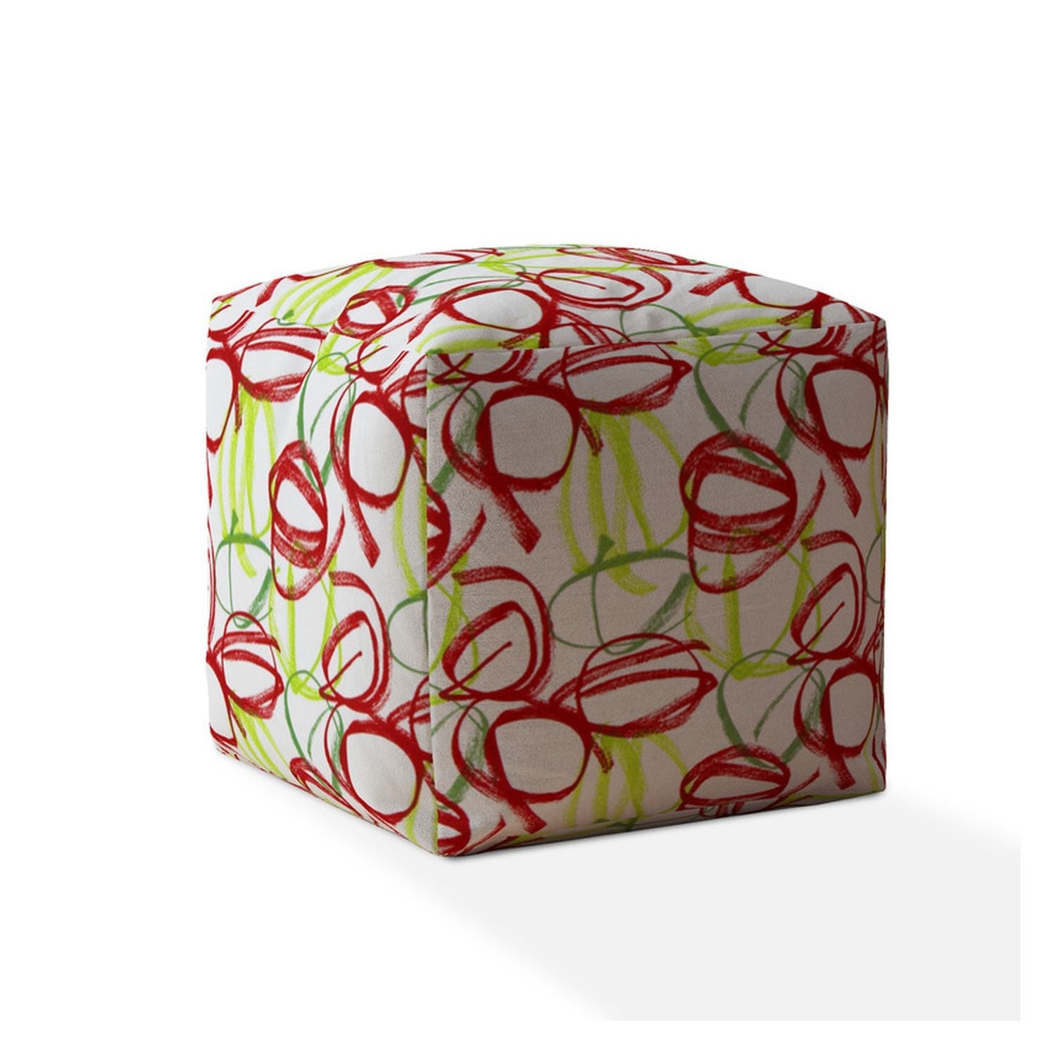 17" White Red And Green Cotton Abstract Pouf Ottoman