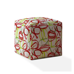 17" White Red And Green Cotton Abstract Pouf Ottoman