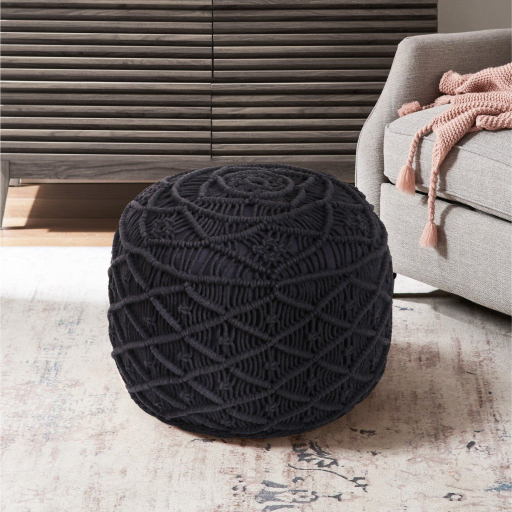 18" Black Cotton Blend Round Pouf Floral Ottoman