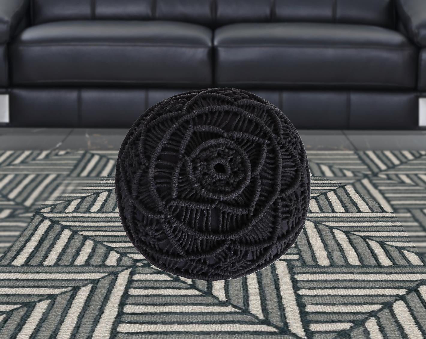 18" Black Cotton Blend Round Pouf Floral Ottoman
