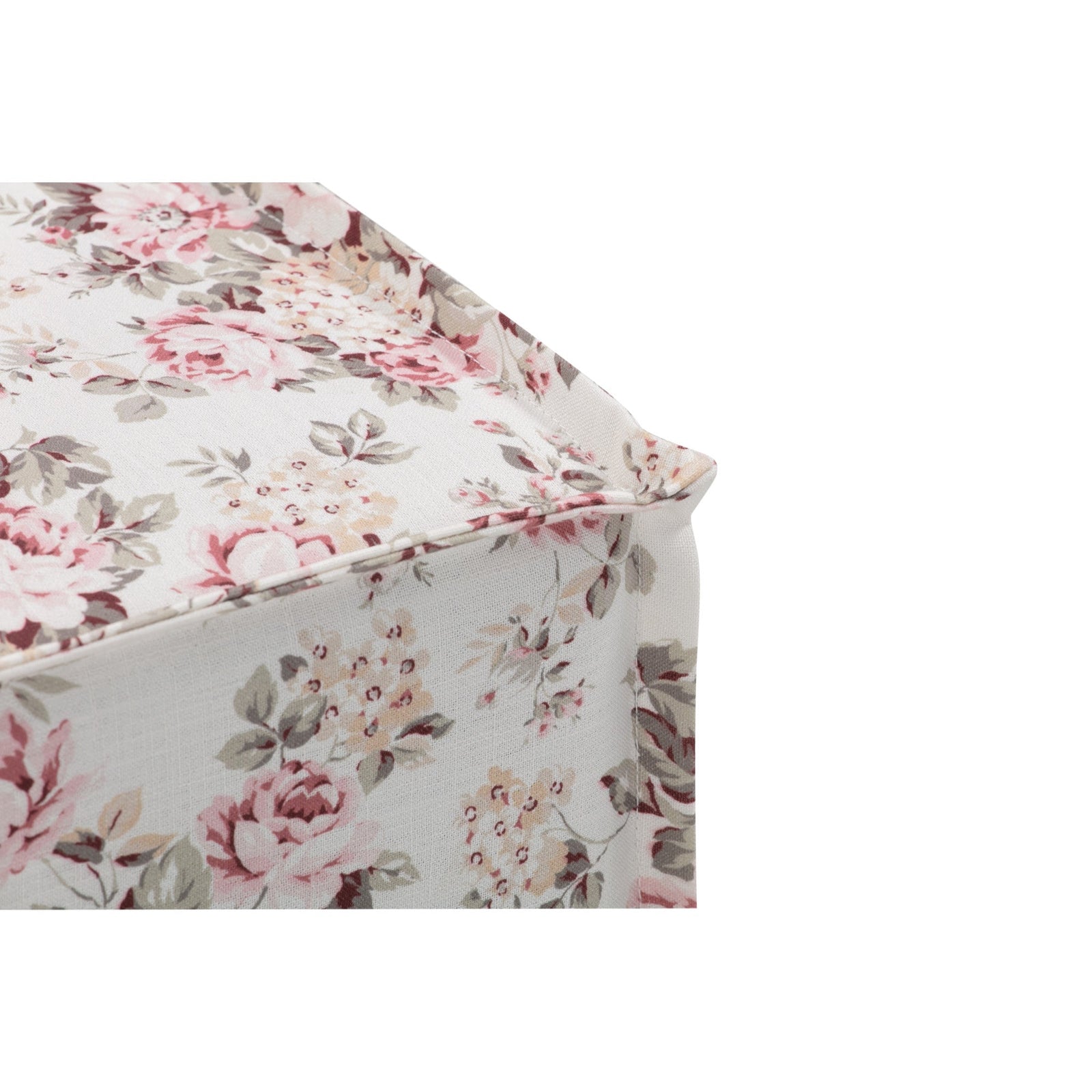 18" Cottage Ivory and Pink 100% Linen Floral Ottoman