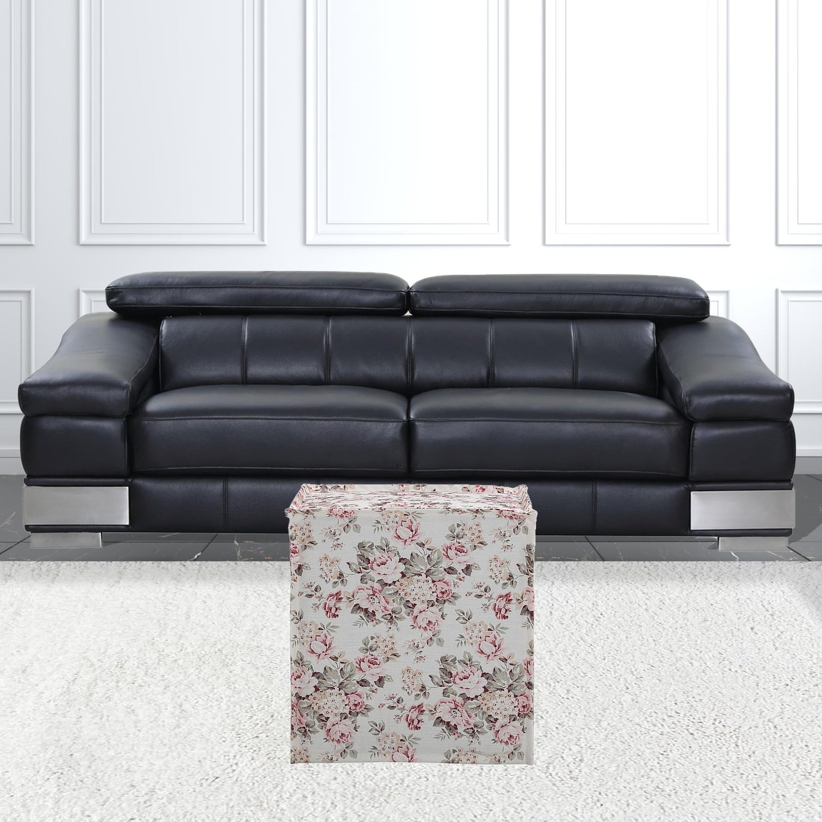 18" Cottage Ivory and Pink 100% Linen Floral Ottoman