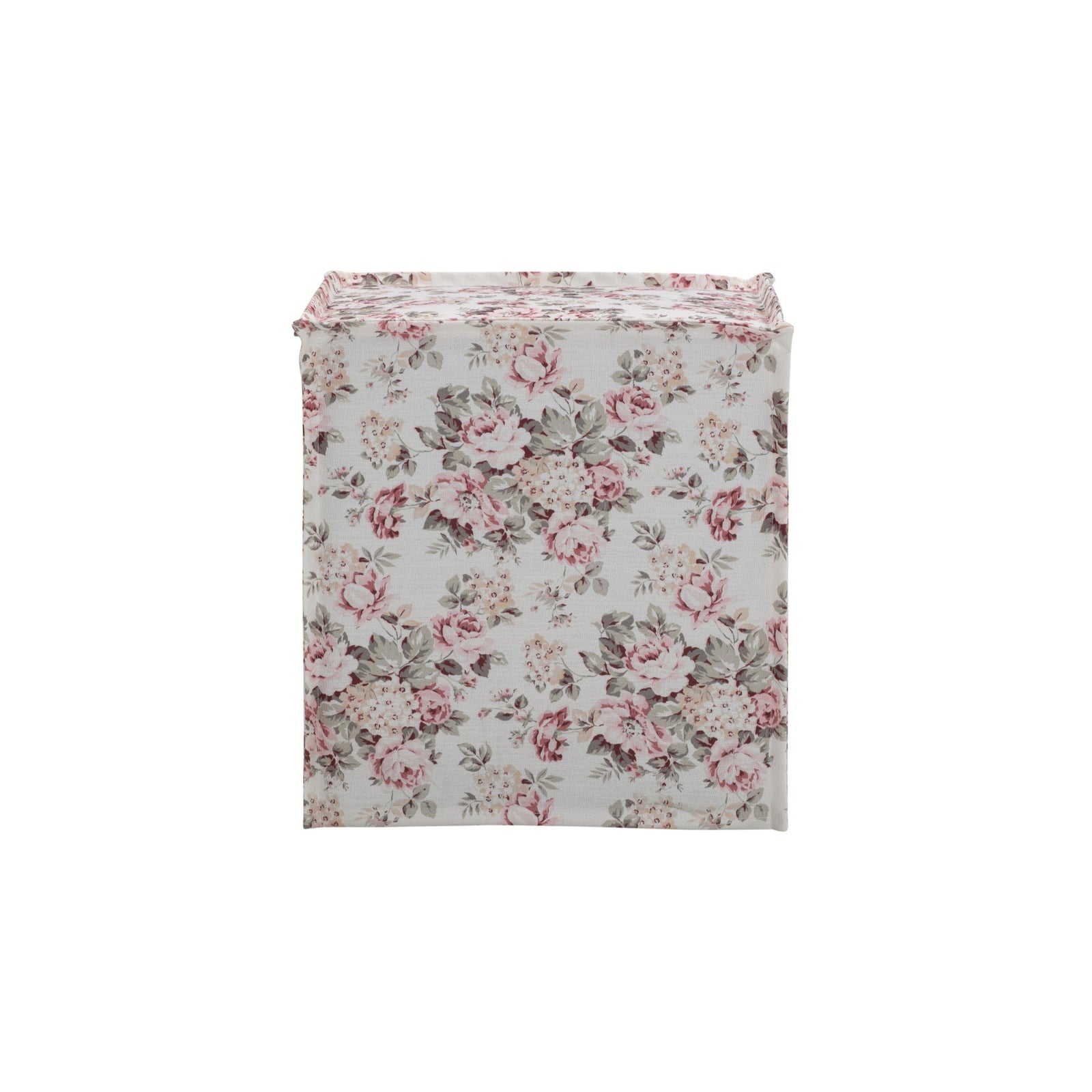 18" Cottage Ivory and Pink 100% Linen Floral Ottoman