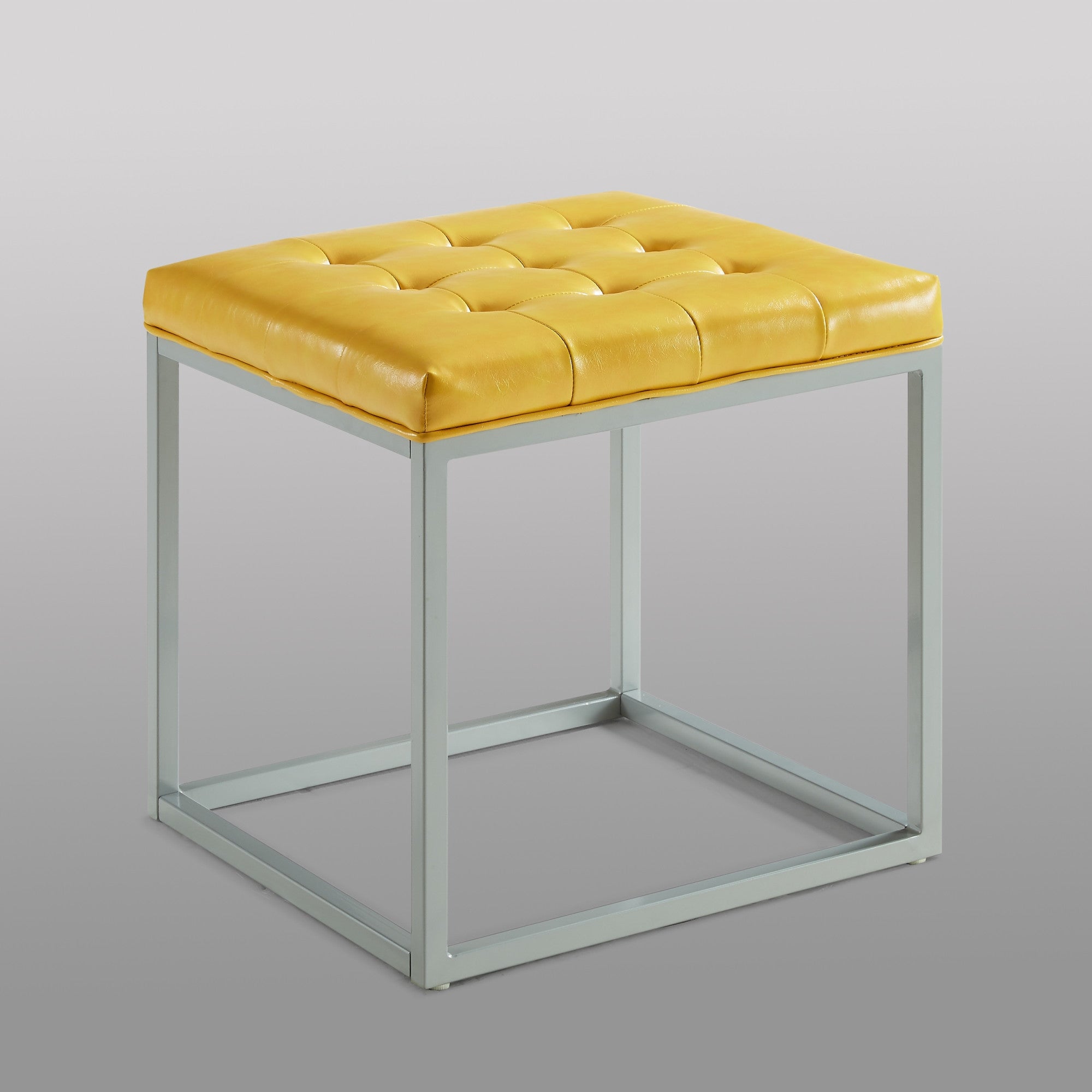 18" Golden Yellow Faux Leather And Silver Cube Ottoman