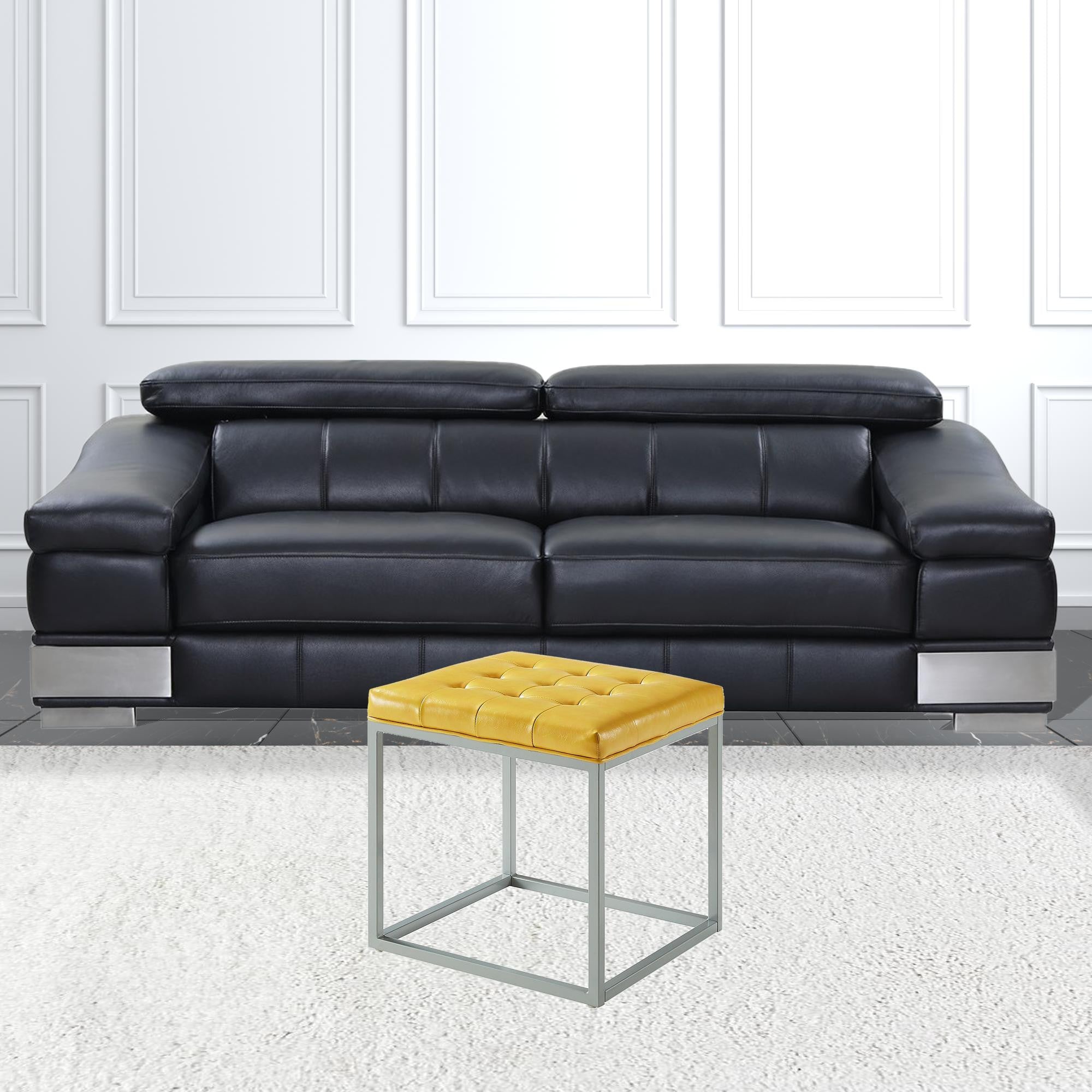18" Golden Yellow Faux Leather And Silver Cube Ottoman