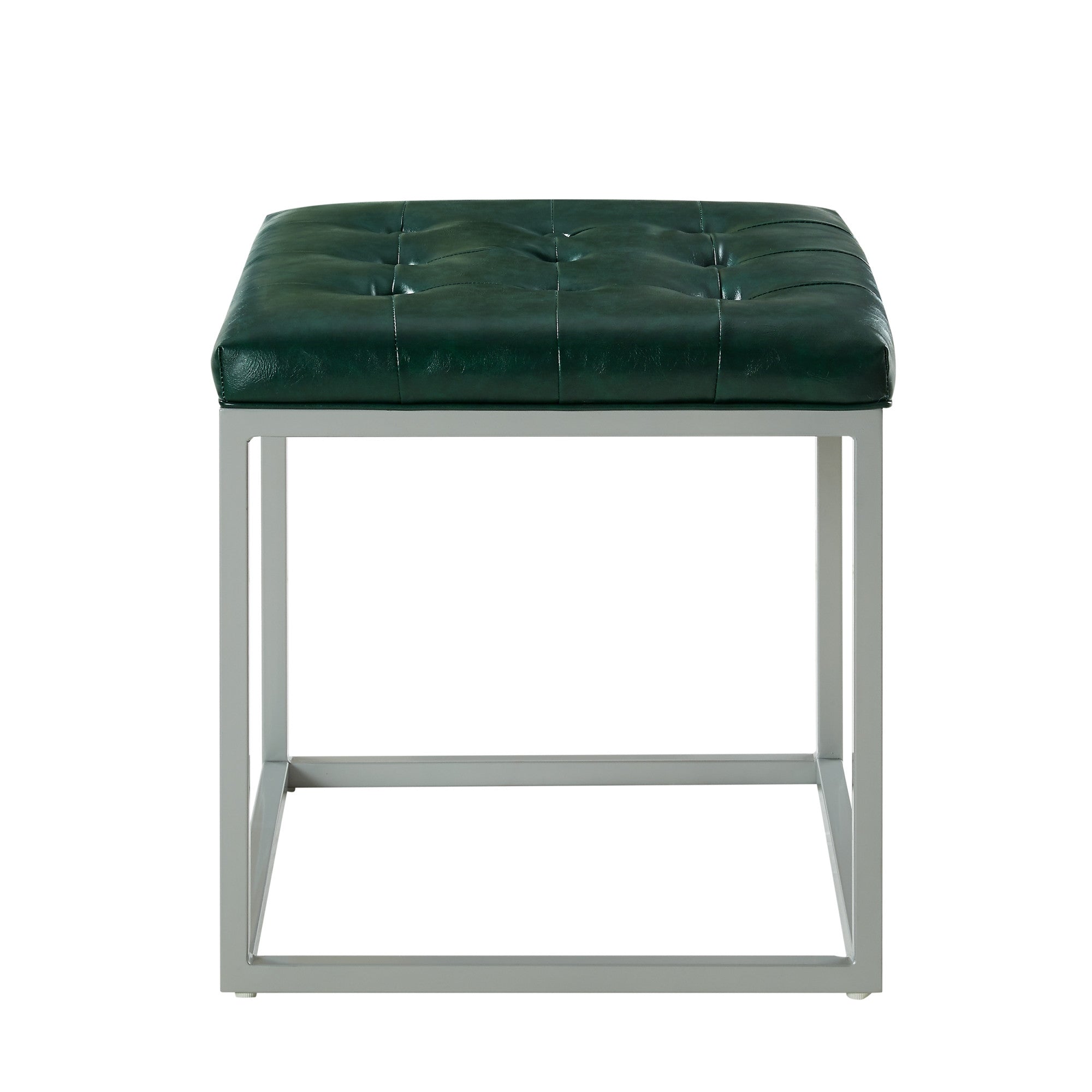 18" Green Faux Leather And Silver Cube Ottoman