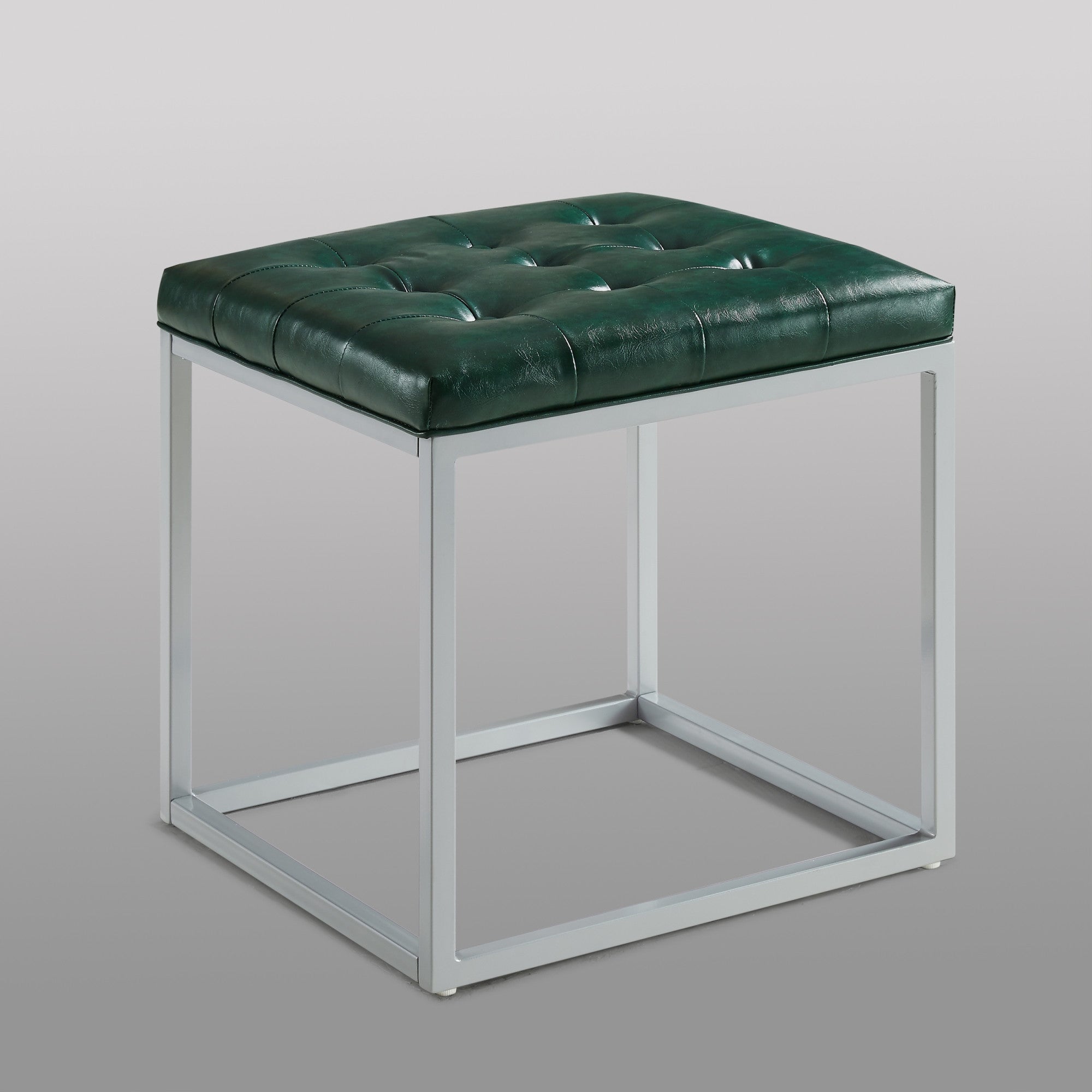 18" Green Faux Leather And Silver Cube Ottoman