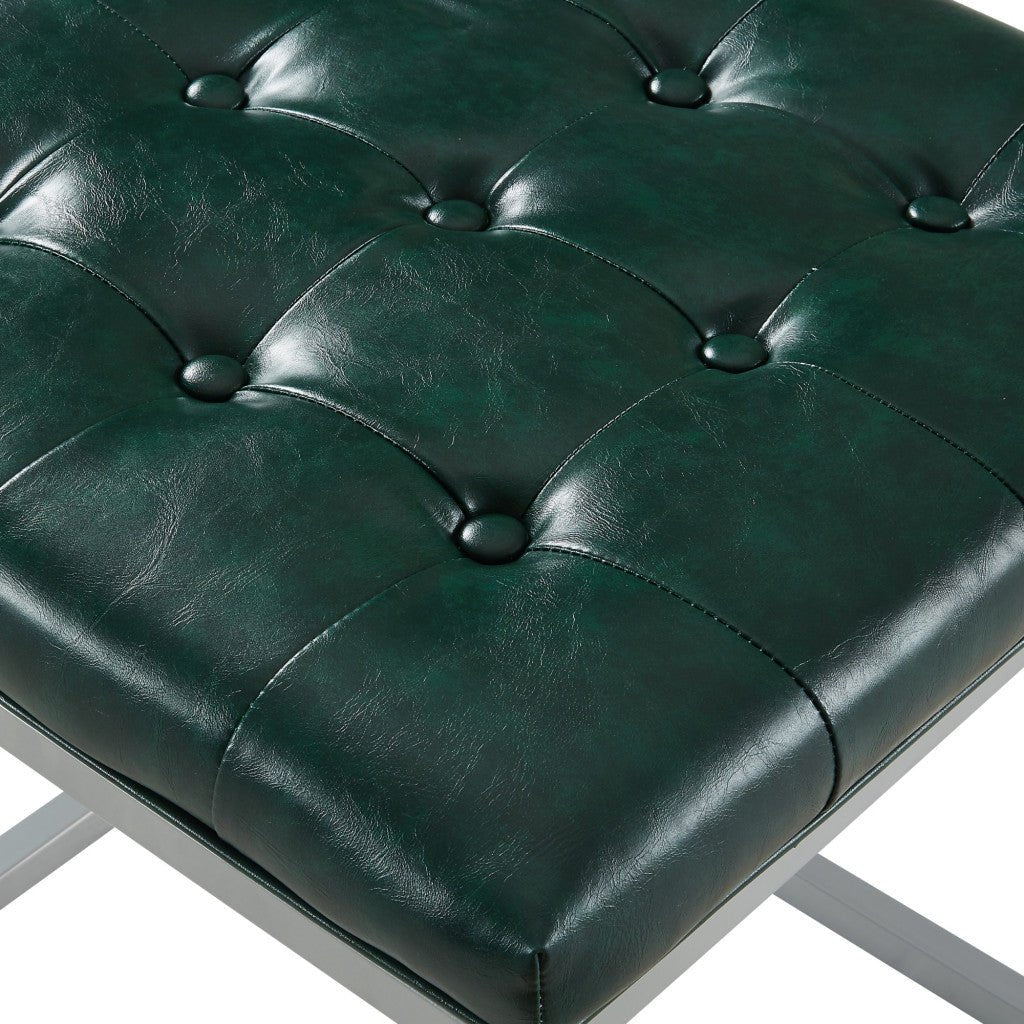 18" Green Faux Leather And Silver Cube Ottoman