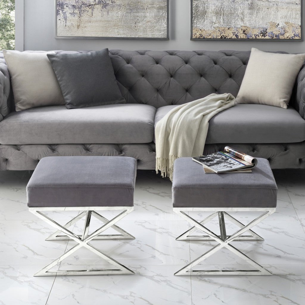 18" Grey Velvet With Silver Ottoman