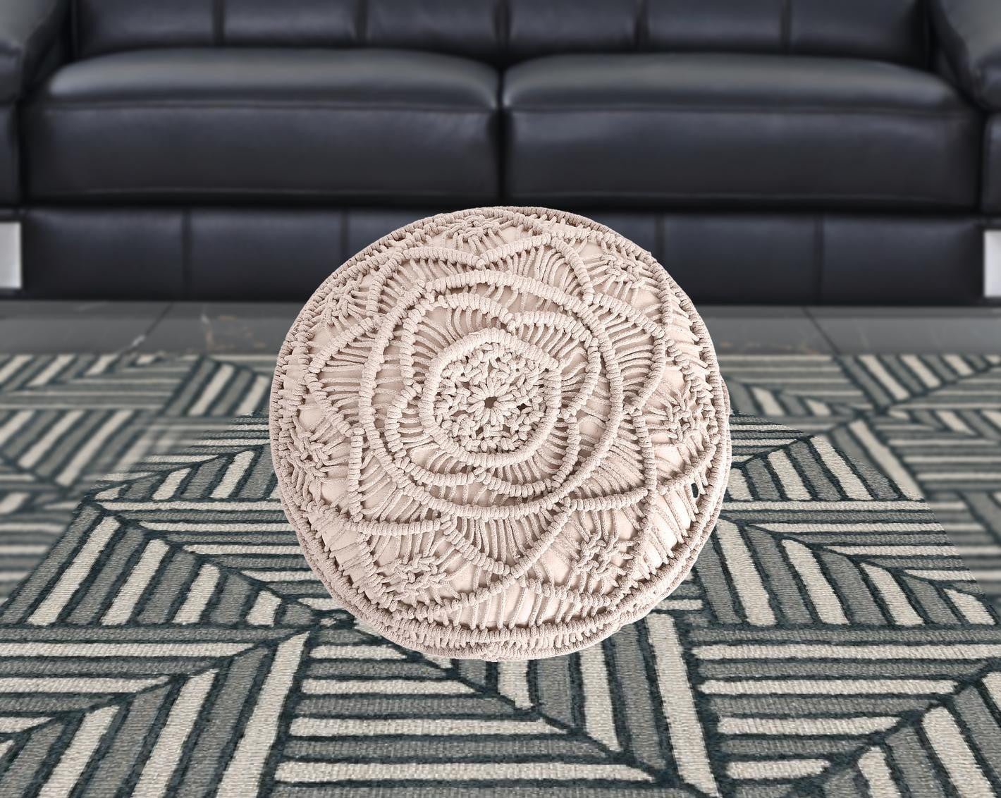 18" Ivory Cotton Blend Round Pouf Floral Ottoman
