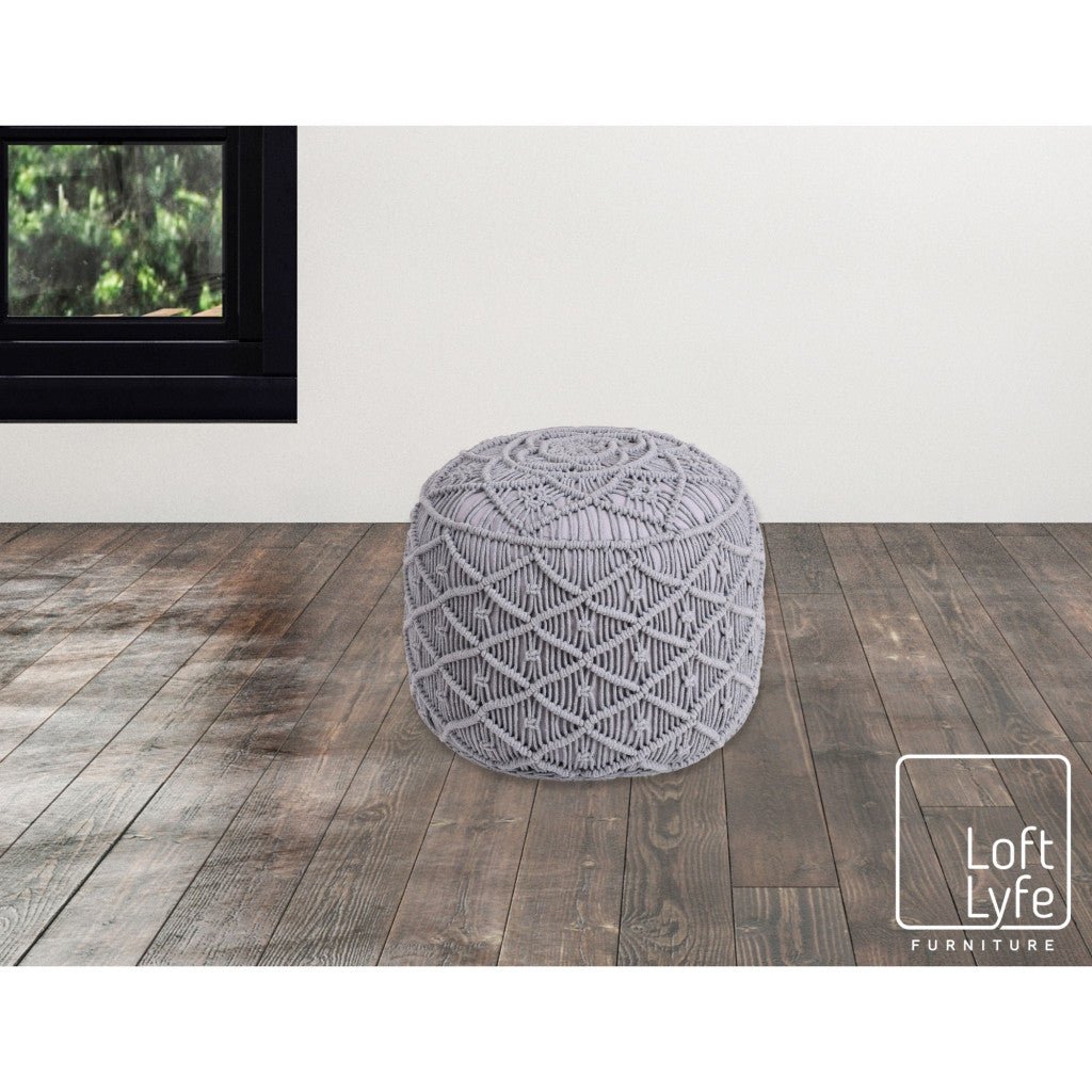 18" Light Grey Cotton Blend Round Pouf Floral Ottoman