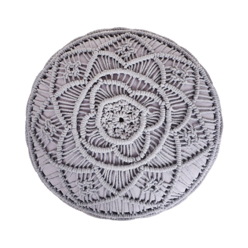 18" Light Grey Cotton Blend Round Pouf Floral Ottoman