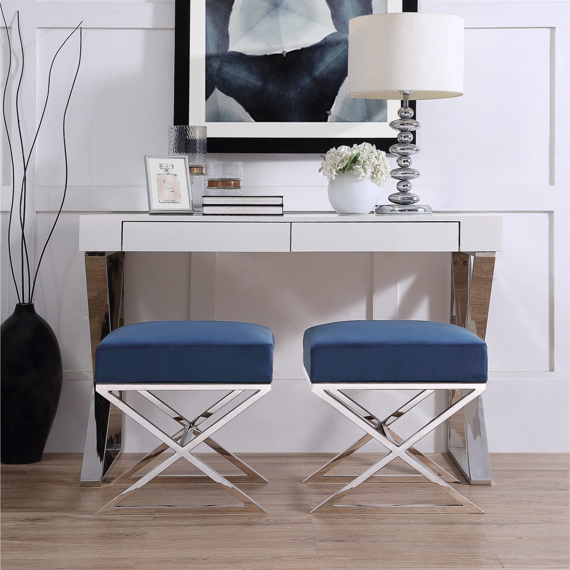 18" Navy Velvet With Silver Ottoman