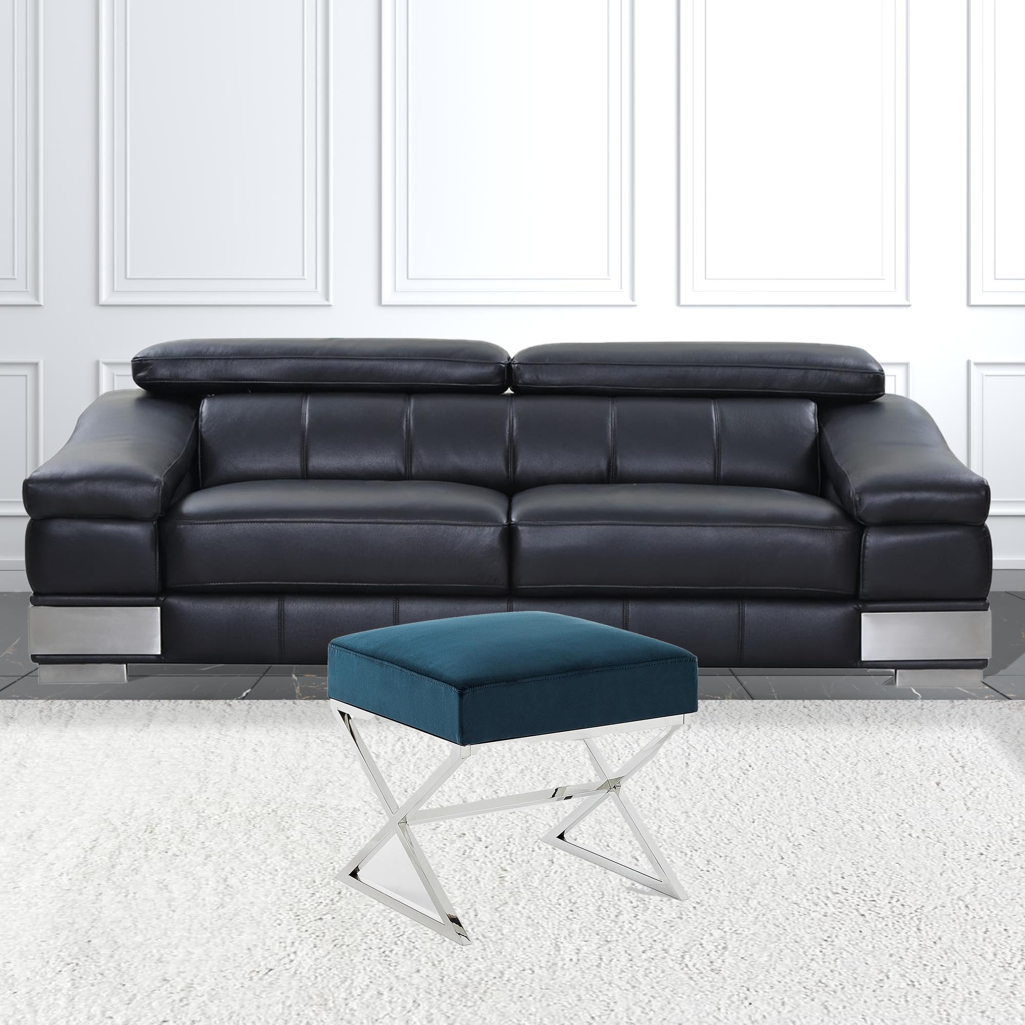 18" Navy Velvet With Silver Ottoman