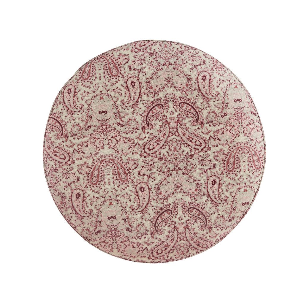 18" Paisley Red 100% Linen Round Floral Ottoman