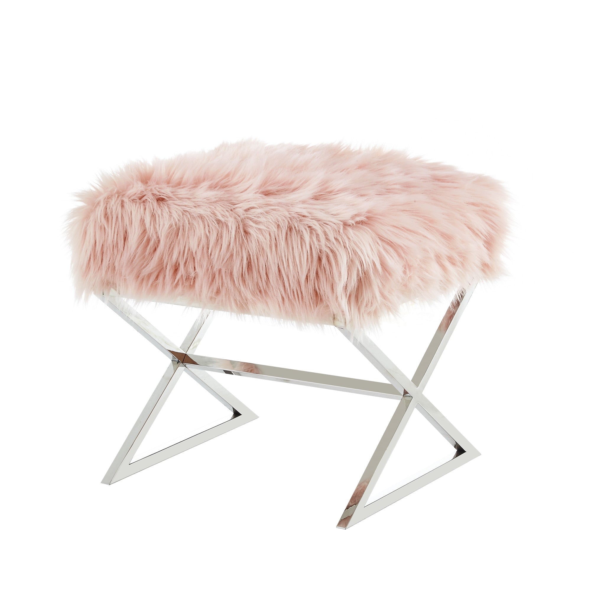 18" Rose Faux Fur With Silver Ottoman