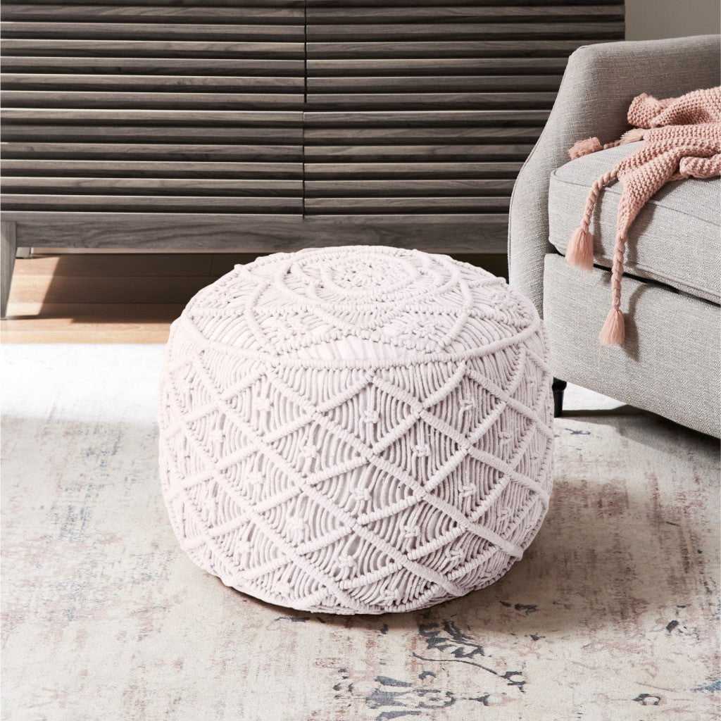 18" White Cotton Blend Round Pouf Floral Ottoman