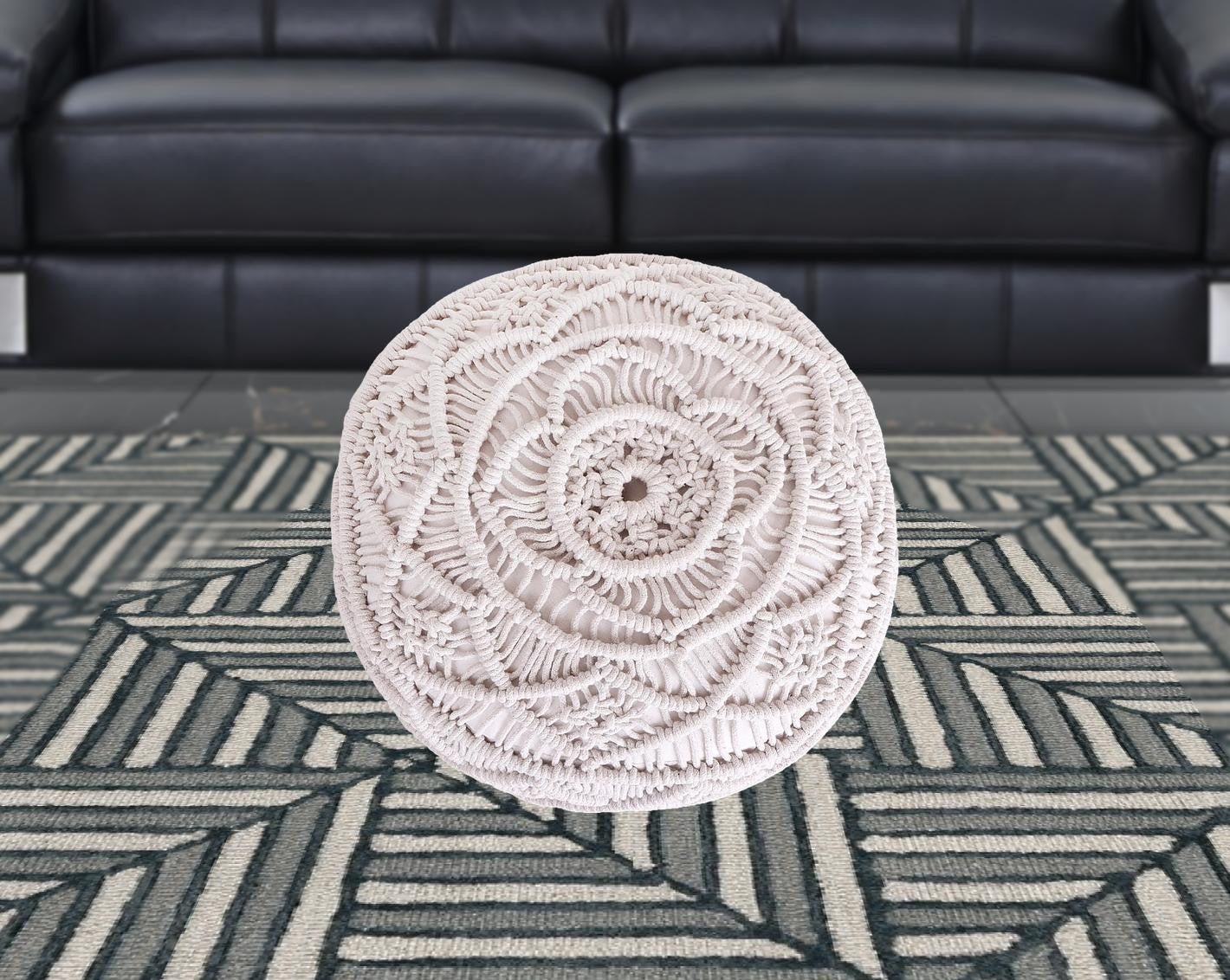 18" White Cotton Blend Round Pouf Floral Ottoman