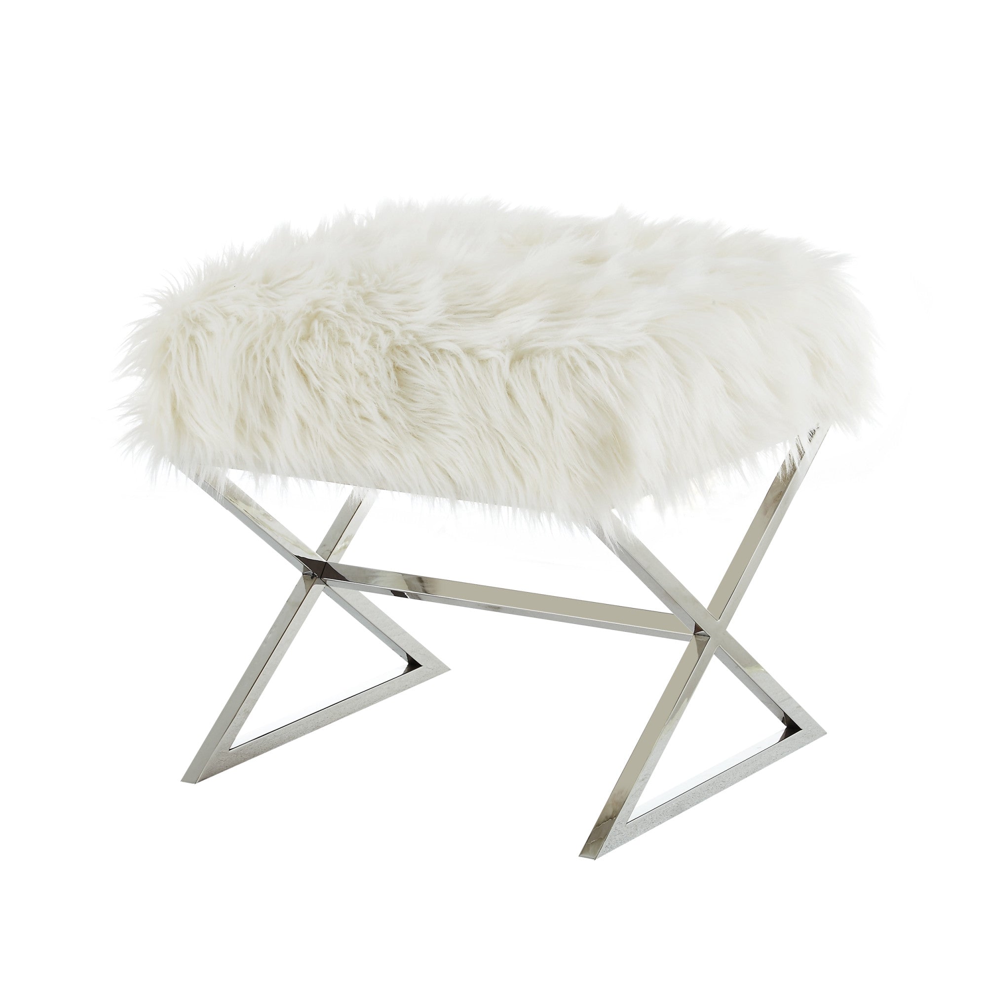 18" White Faux Fur With Silver Ottoman